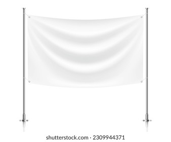 White fabric banner flag hanging on poles, isolated on white background. Textile horizontal banner realistic mockup.