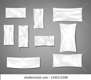 White fabric blank textile banners for advertising with folds. Cotton empty smooth flag poster or placard templates set. Vector illustration