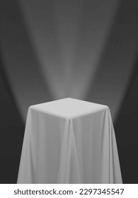 White fabric covering a cube or a table, with white background and stage spotlights. Can be used as a stand for product display, draped table. Vector illustration