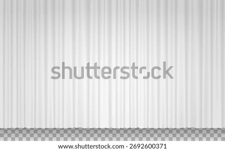 White fabric curtains for window, shower or theater stage. Hanging silk cloth with drapes. Closed white curtains with wrinkles isolated on transparent background, vector illustration