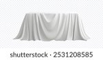 White fabric draped over a rectangular table, isolated on a transparent background. The soft fold and flowing texture create an elegant look, perfect for design mockups, event setup. Vector