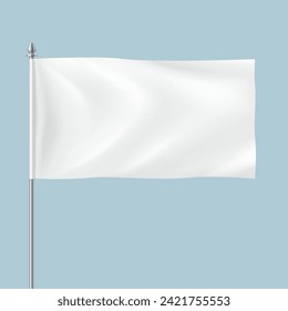 White fabric flag waving in wind realistic vector illustration. Textile banner flattering on pole against sky 3d model on blue background. Mockup design,White fabric flag waving in wind realistic vect