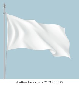 White fabric flag waving in wind realistic vector illustration. Textile banner flattering on pole against sky 3d model on blue background. Mockup design