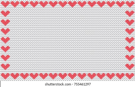White fabric knitted background framed with knit red hearts. Vector illustration, template, poster with space for text.