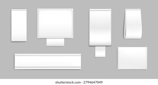 White fabric label mockup with cloth texture and woven cotton material. Sewn tag with stitch detail on garment shirt. Blank badge template for brand design with realistic textile ribbon and seam.