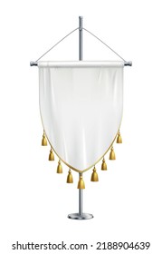 White fabric pennant with golden fringe on steel spire pedestal realistic vector illustration