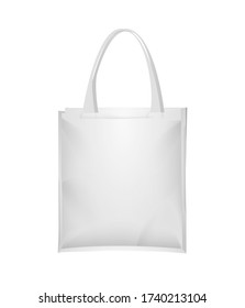 White fabric tote bag, isolated on white background, vector illustration. Realistic mockup of shopping bag