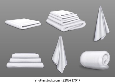 White fabric towels for bathroom, shower, kitchen or beach. Vector realistic set of clean fluffy cloth towels for hands, body and spa hanging, folded in stack and rolled