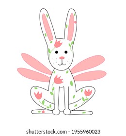 White fabulous rabbit with wings and flowers. Postcard for spring, floral card. Color picture, clipart. Vector.