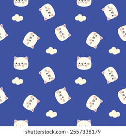 White face cat cartoon so cute. On cloud blue background. Pattern seamless vector illustration. 