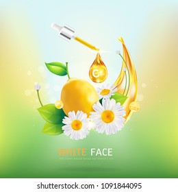 White Face With Lemon Serum and Flower Extracts, Vitamins and Collagen for Skin Background Concept Skin Care Cosmetic.