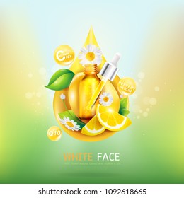 White Face With Lemon Serum and Flower Extracts, Vitamins and Collagen for Skin Background Concept Skin Care Cosmetic.