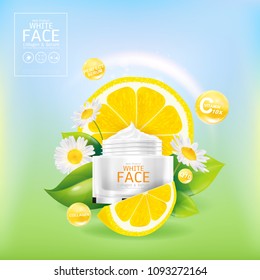 White Face With Lemon Serum and Flower Extracts, Vitamins and Collagen for Skin Background Concept Skin Care Cosmetic.