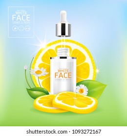 White Face With Lemon Serum and Flower Extracts, Vitamins and Collagen for Skin Background Concept Skin Care Cosmetic.