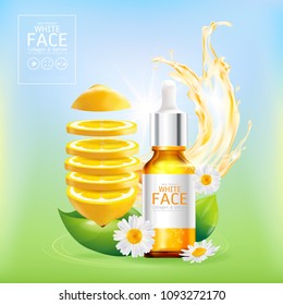 White Face With Lemon Serum and Flower Extracts, Vitamins and Collagen for Skin Background Concept Skin Care Cosmetic.