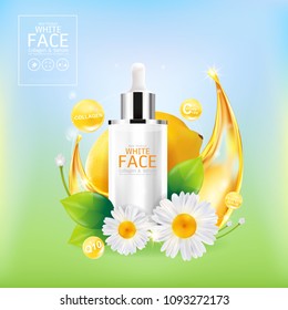 White Face With Lemon Serum and Flower Extracts, Vitamins and Collagen for Skin Background Concept Skin Care Cosmetic.