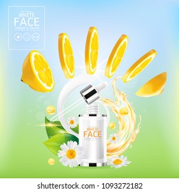 White Face With Lemon Serum and Flower Extracts, Vitamins and Collagen for Skin Background Concept Skin Care Cosmetic.