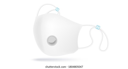White face mask fabric with breather filter valve. Cotton respirators with activated carbon filter. Protection against germs, bacteria, dust, mucus and saliva. Personal hygiene product. Vector