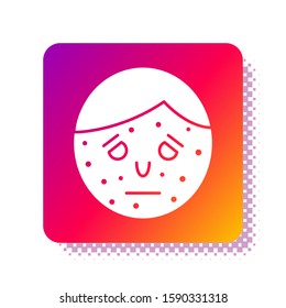 White Face with psoriasis or eczema icon isolated on white background. Concept of human skin response to allergen or chronic body problem. Square color button. Vector Illustration