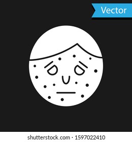 White Face with psoriasis or eczema icon isolated on black background. Concept of human skin response to allergen or chronic body problem.  Vector Illustration