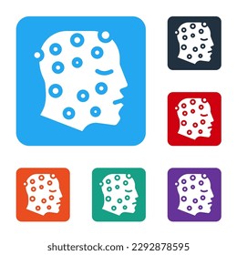 White Face with psoriasis or eczema rash icon isolated on white background. Concept of human skin response to allergen or chronic body problem. Set icons in color square buttons. Vector