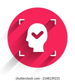 White Face recognition with check mark icon isolated with long shadow. Face identification scanner icon. Facial id. Cyber security concept. Red circle button. Vector