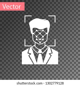 White Face recognition icon isolated on transparent background. Face identification scanner icon. Facial id. Cyber security concept. Vector Illustration