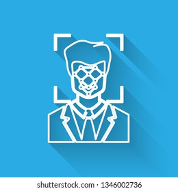 White Face recognition icon isolated with long shadow. Face identification scanner icon. Facial id. Cyber security concept. Vector Illustration