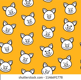 The white faces of the pigs with a black outline on an orange background. Pigs are laughing, different emotions.  