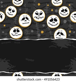 white faces wreaths Halloween scary seasonal pattern on dark background with blank bottom torn paper with place for your text