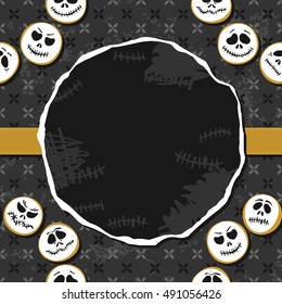 white faces wreaths Halloween scary seasonal pattern on dark background with blank round torn paper and golden ribbon with place for your text