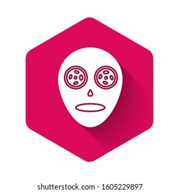 White Facial cosmetic mask icon isolated with long shadow. Cosmetology, medicine and health care. Pink hexagon button. Vector Illustration