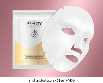 White Facial mask sheet with individual collagen sachet on rose gold gradient background. Skincare collagen hydration moisturizer. Face skincare premium ad design template. Vector beauty concept.