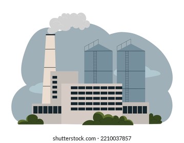 White factory concept. Dirty production and release of harmful substances into environment, waste. Black smoke comes from large buildings with chimneys, smog. Cartoon flat vector illustration
