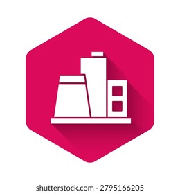 White Factory icon isolated with long shadow. Industrial building. Pink hexagon button. Vector