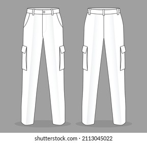 White Factory Uniform Pants Template on Gray Background. Front and Back Views, Vector File.