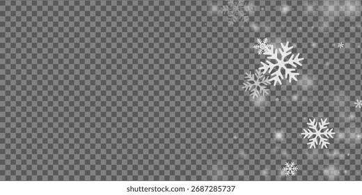 Ilustración de copos de nieve caída blanca. Formas de congelación de polvo de invierno. Fondo transparente blanco del Clima de la nieve. Textura de año nuevo de copos de nieve difusos. Paisaje de la naturaleza de la nieve.