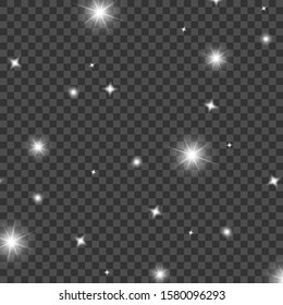 White falling sparks sparkle with a special light effect. Vector glitters on a transparent background. Christmas abstract pattern. Sparkling particles of magic dust. Stars with snow.