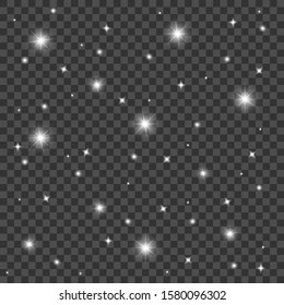 White falling sparks sparkle with a special light effect. Vector glitters on a transparent background. Christmas abstract pattern. Sparkling particles of magic dust. Stars with snow.