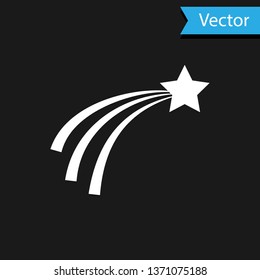 White Falling star icon isolated on black background. Shooting star with star trail.  