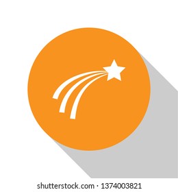 White Falling star icon isolated on white background. Shooting star with star trail. Meteoroid, meteorite, comet, asteroid, star icon. Orange circle button. Flat design. Vector Illustration