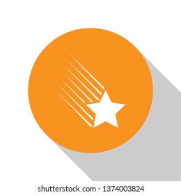 White Falling star icon isolated on white background. Shooting star with star trail. Meteoroid, meteorite, comet, asteroid, star icon. Orange circle button. Flat design. Vector Illustration