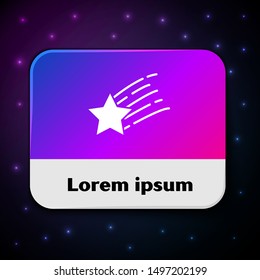 White Falling star icon isolated on black background. Shooting star with star trail. Meteoroid, meteorite, comet, asteroid, star icon. Rectangle color button. Vector Illustration