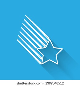 White Falling star line icon isolated with long shadow. Shooting star with star trail. Meteoroid, meteorite, comet, asteroid, star icon. Vector Illustration