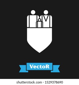 White Family insurance with shield icon isolated on black background. Security, safety, protection, protect concept.  Vector Illustration