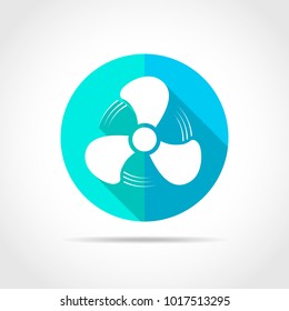 White fan in flat design with long shadow. Vector illustration. Simple fan icon on blue round button.