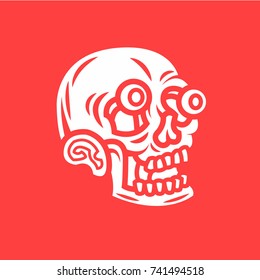 White fancy cartoon stylized skull. Vector illustration, isolated on red background.