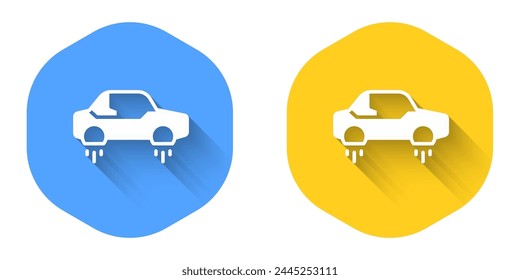 White Fantastic flying car icon isolated with long shadow background. Hover car future technology future transport. Circle button. Vector