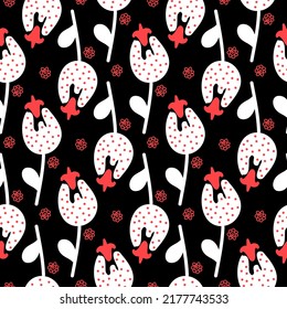 White fantasy flower dark background, childish seamless pattern for textile and wrapping paper