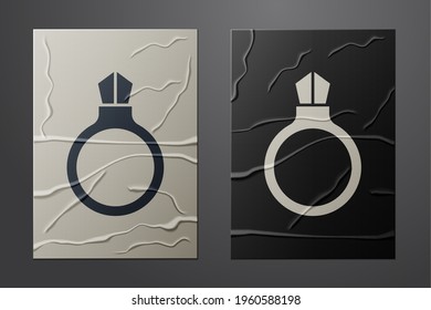 White Fantasy magic stone ring with gem icon isolated on crumpled paper background. Paper art style. Vector